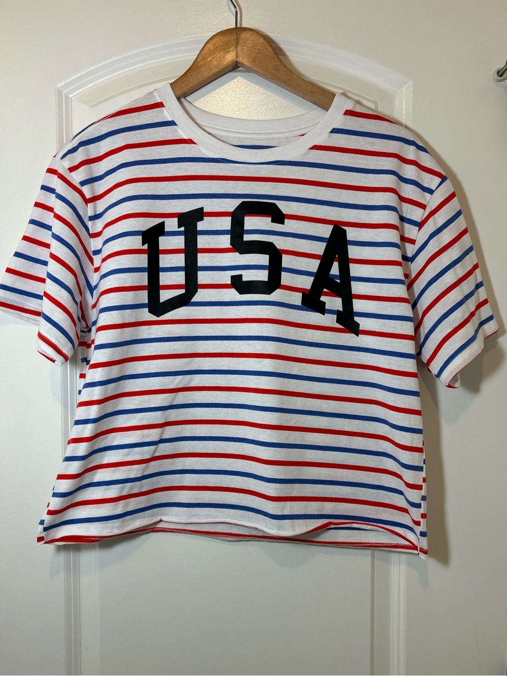 Mighty Fine White Crop Tee with Red & Blue Stripes